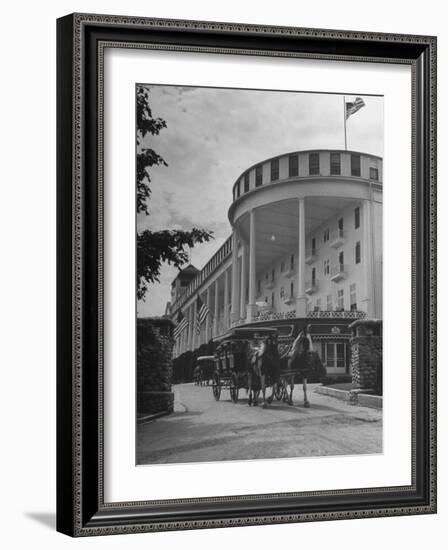 Old-Fashioned Surrey Type Carriages on Mackinac Island Outside Grand Hotel-Myron Davis-Framed Photographic Print