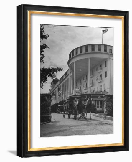 Old-Fashioned Surrey Type Carriages on Mackinac Island Outside Grand Hotel-Myron Davis-Framed Photographic Print