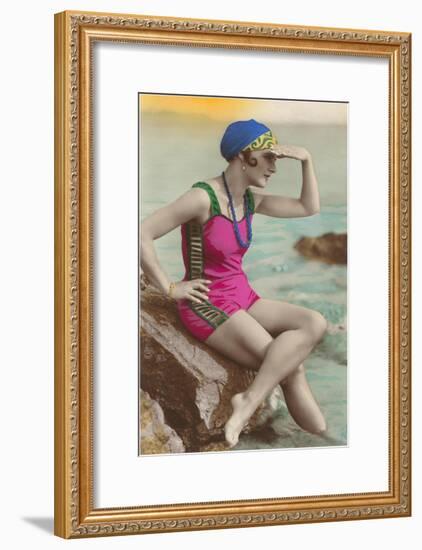 Old Fashioned Woman in Bathing Suit-null-Framed Art Print