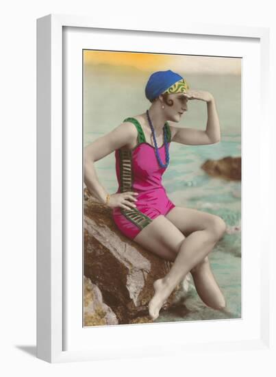 Old Fashioned Woman in Bathing Suit-null-Framed Art Print