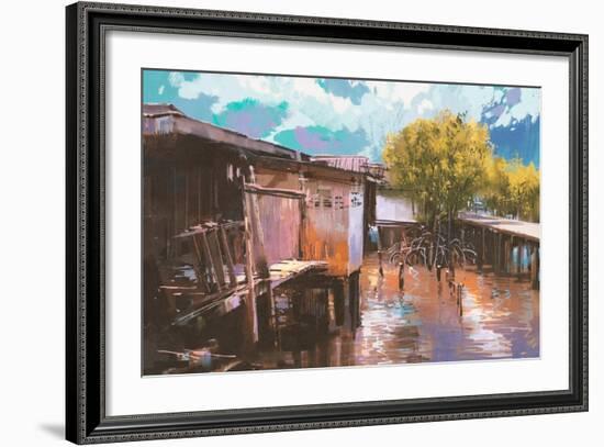 Old Fishing Village,Oil Painting Style,Illustration-Tithi Luadthong-Framed Art Print