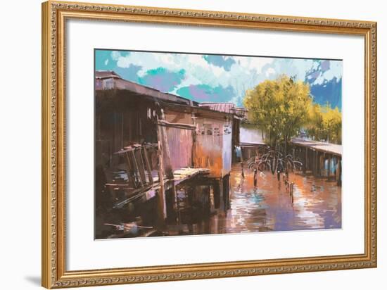 Old Fishing Village,Oil Painting Style,Illustration-Tithi Luadthong-Framed Art Print