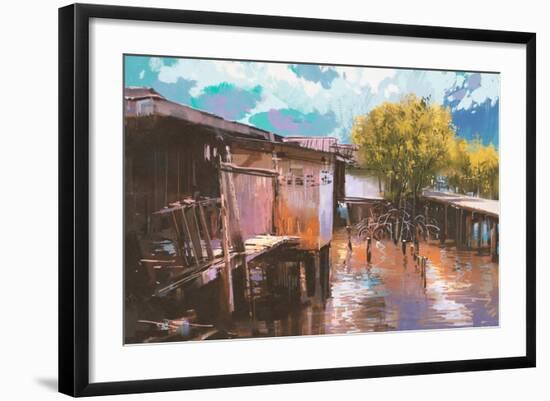 Old Fishing Village,Oil Painting Style,Illustration-Tithi Luadthong-Framed Art Print