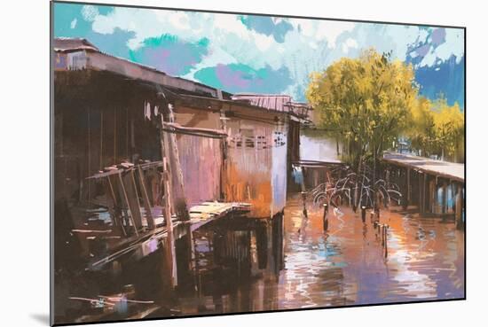 Old Fishing Village,Oil Painting Style,Illustration-Tithi Luadthong-Mounted Art Print