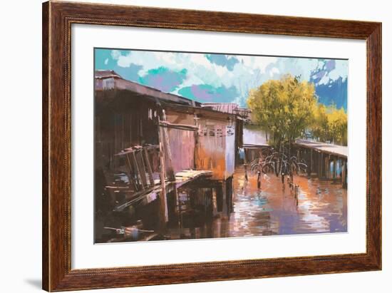 Old Fishing Village,Oil Painting Style,Illustration-Tithi Luadthong-Framed Art Print