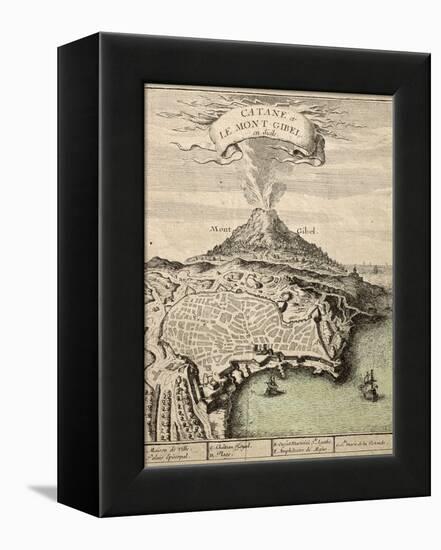 Old French Engraved Illustration Showing The City Of Catania, Sicily, At The Foot Of Mount Etna-marzolino-Framed Stretched Canvas