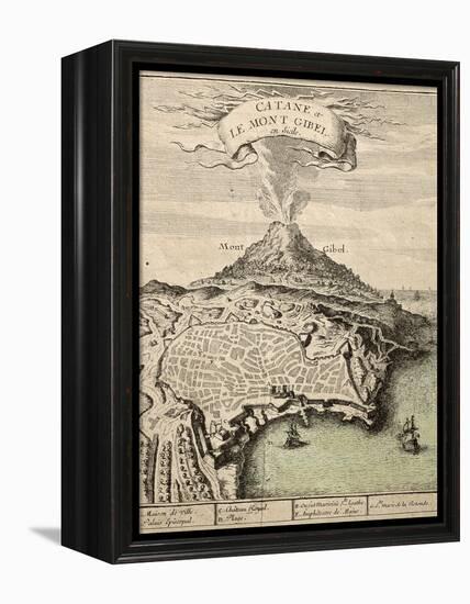 Old French Engraved Illustration Showing The City Of Catania, Sicily, At The Foot Of Mount Etna-marzolino-Framed Stretched Canvas