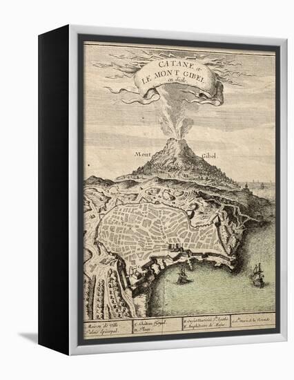 Old French Engraved Illustration Showing The City Of Catania, Sicily, At The Foot Of Mount Etna-marzolino-Framed Stretched Canvas