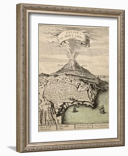 Old French Engraved Illustration Showing The City Of Catania, Sicily, At The Foot Of Mount Etna-marzolino-Framed Art Print