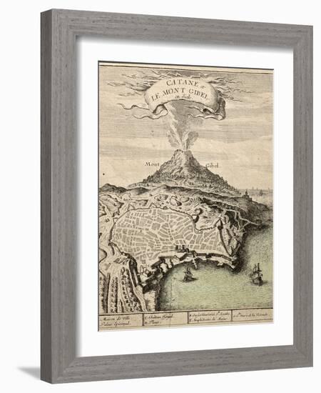 Old French Engraved Illustration Showing The City Of Catania, Sicily, At The Foot Of Mount Etna-marzolino-Framed Art Print