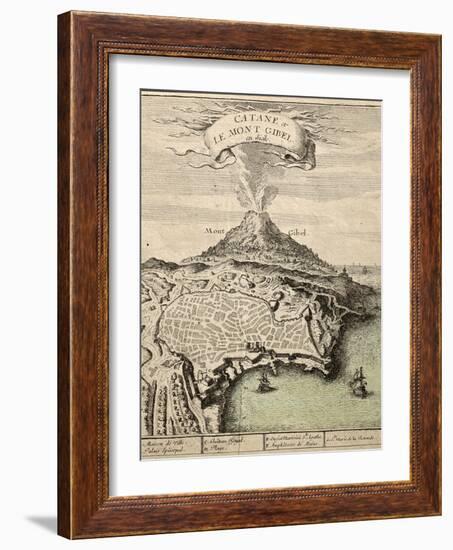 Old French Engraved Illustration Showing The City Of Catania, Sicily, At The Foot Of Mount Etna-marzolino-Framed Art Print