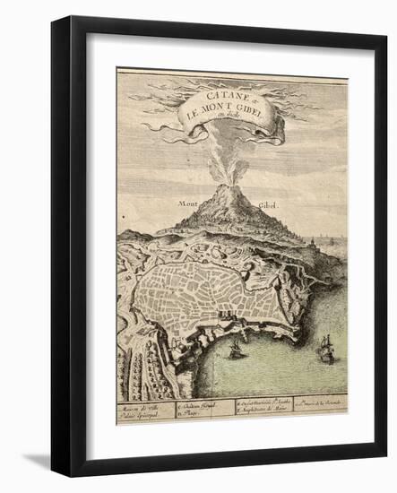 Old French Engraved Illustration Showing The City Of Catania, Sicily, At The Foot Of Mount Etna-marzolino-Framed Art Print