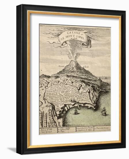 Old French Engraved Illustration Showing The City Of Catania, Sicily, At The Foot Of Mount Etna-marzolino-Framed Art Print