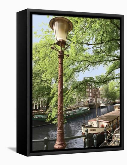 Old Gas Lamp Post and Bicycles on a Bridge over a Canal in Amsterdam, the Netherlands-Miva Stock-Framed Premier Image Canvas