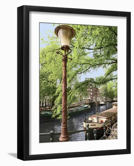 Old Gas Lamp Post and Bicycles on a Bridge over a Canal in Amsterdam, the Netherlands-Miva Stock-Framed Photographic Print