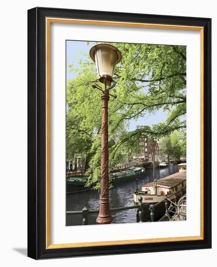 Old Gas Lamp Post and Bicycles on a Bridge over a Canal in Amsterdam, the Netherlands-Miva Stock-Framed Photographic Print