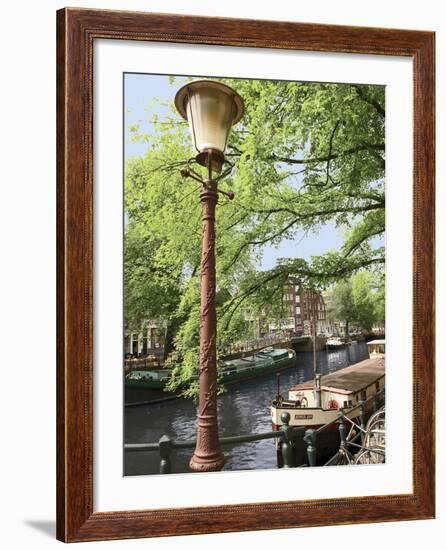 Old Gas Lamp Post and Bicycles on a Bridge over a Canal in Amsterdam, the Netherlands-Miva Stock-Framed Photographic Print