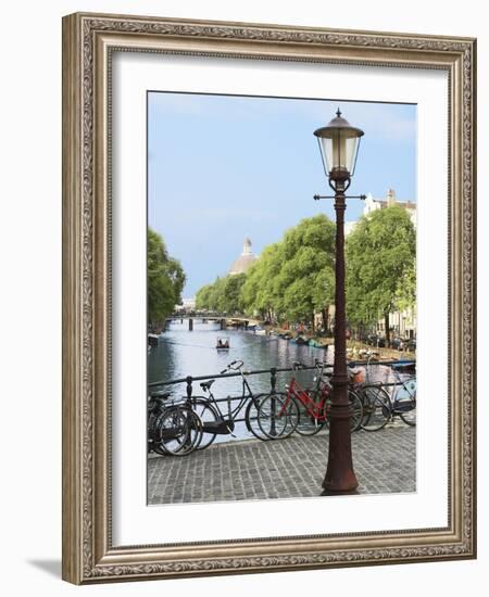 Old Gas Lamp Post and Bicycles on a Bridge over a Canal in Amsterdam, the Netherlands-Miva Stock-Framed Photographic Print