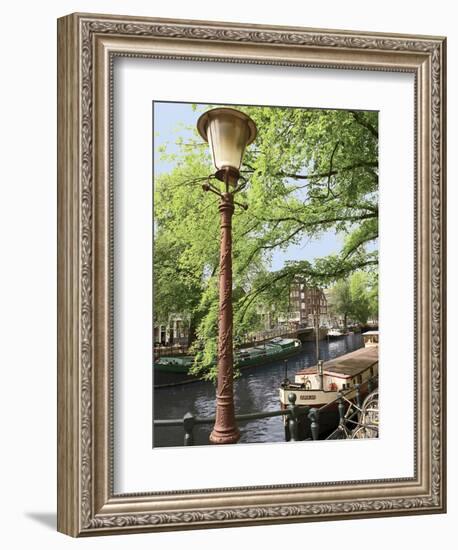 Old Gas Lamp Post and Bicycles on a Bridge over a Canal in Amsterdam, the Netherlands-Miva Stock-Framed Photographic Print