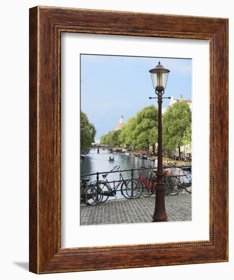 Old Gas Lamp Post and Bicycles on a Bridge over a Canal in Amsterdam, the Netherlands-Miva Stock-Framed Photographic Print