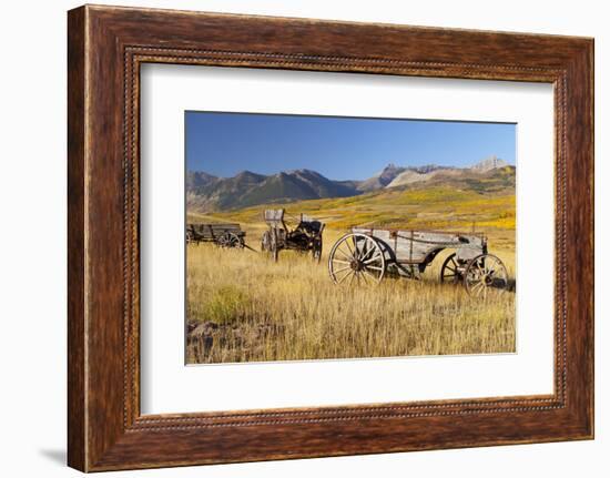 Old Horse-Drawn Wagons with the Rocky Mountains in the Background, Alberta, Canada-Miles Ertman-Framed Photographic Print