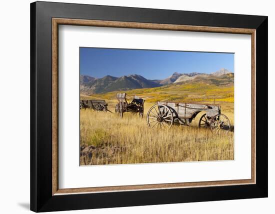 Old Horse-Drawn Wagons with the Rocky Mountains in the Background, Alberta, Canada-Miles Ertman-Framed Photographic Print