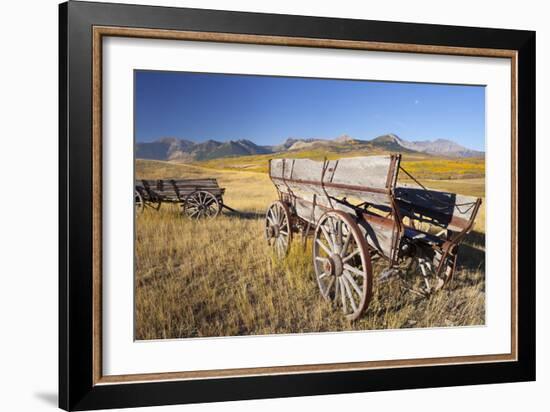 Old Horse-Drawn Wagons with the Rocky Mountains in the Background, Alberta, Canada-Miles Ertman-Framed Photographic Print