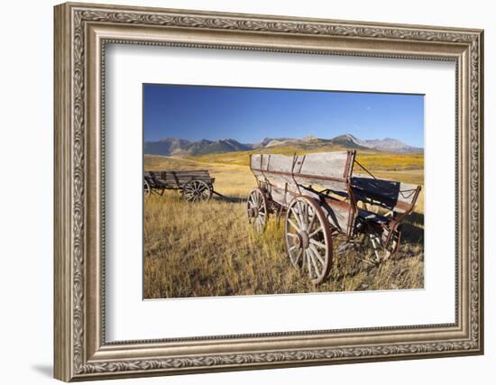 Old Horse-Drawn Wagons with the Rocky Mountains in the Background, Alberta, Canada-Miles Ertman-Framed Photographic Print