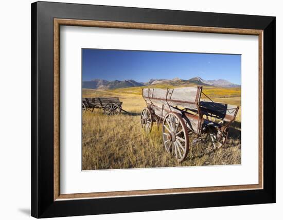 Old Horse-Drawn Wagons with the Rocky Mountains in the Background, Alberta, Canada-Miles Ertman-Framed Photographic Print