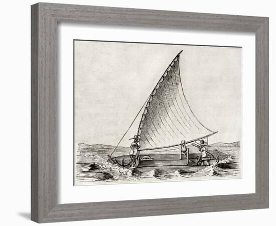 Old Illustration Of A Jangada, Traditional Fishing Boat Used In Northern Region Of Brazil-marzolino-Framed Art Print