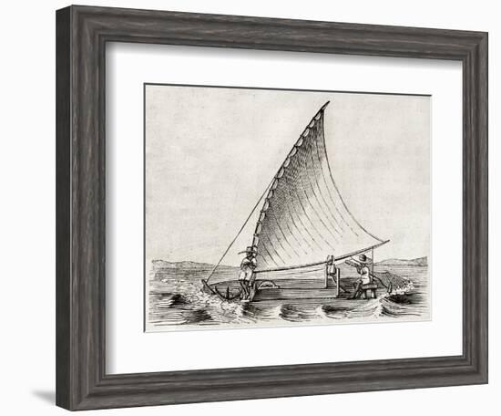 Old Illustration Of A Jangada, Traditional Fishing Boat Used In Northern Region Of Brazil-marzolino-Framed Art Print