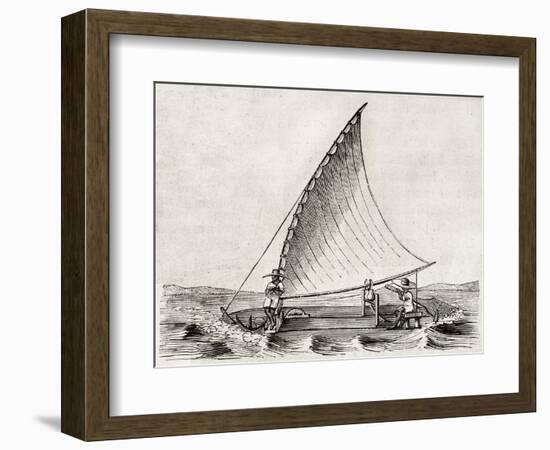 Old Illustration Of A Jangada, Traditional Fishing Boat Used In Northern Region Of Brazil-marzolino-Framed Art Print