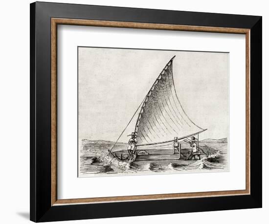 Old Illustration Of A Jangada, Traditional Fishing Boat Used In Northern Region Of Brazil-marzolino-Framed Art Print