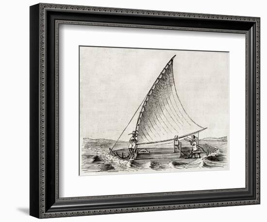 Old Illustration Of A Jangada, Traditional Fishing Boat Used In Northern Region Of Brazil-marzolino-Framed Art Print