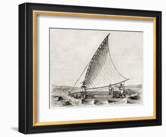 Old Illustration Of A Jangada, Traditional Fishing Boat Used In Northern Region Of Brazil-marzolino-Framed Art Print