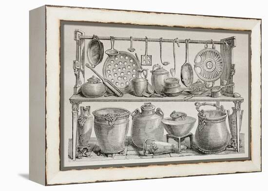 Old Illustration Of Bronze Pottery And Kitchen Utensils Found In Pompeii-marzolino-Framed Stretched Canvas