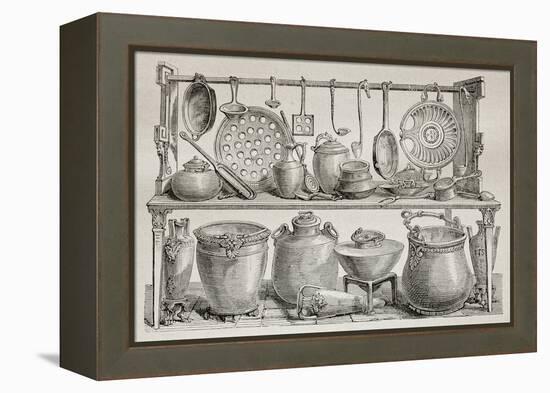 Old Illustration Of Bronze Pottery And Kitchen Utensils Found In Pompeii-marzolino-Framed Stretched Canvas