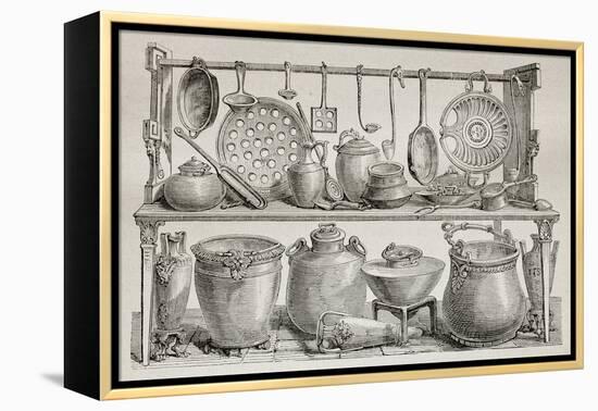 Old Illustration Of Bronze Pottery And Kitchen Utensils Found In Pompeii-marzolino-Framed Stretched Canvas