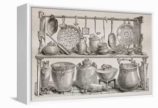 Old Illustration Of Bronze Pottery And Kitchen Utensils Found In Pompeii-marzolino-Framed Stretched Canvas