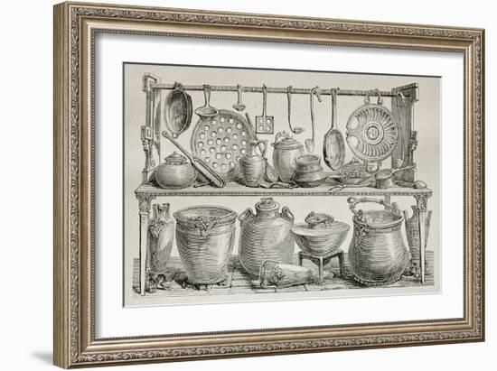 Old Illustration Of Bronze Pottery And Kitchen Utensils Found In Pompeii-marzolino-Framed Art Print