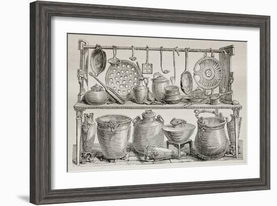 Old Illustration Of Bronze Pottery And Kitchen Utensils Found In Pompeii-marzolino-Framed Art Print