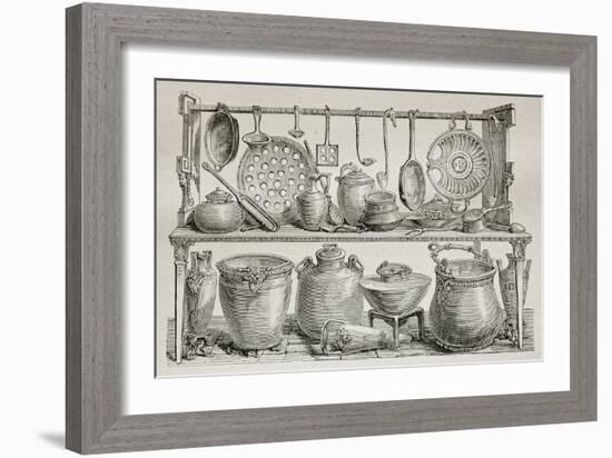 Old Illustration Of Bronze Pottery And Kitchen Utensils Found In Pompeii-marzolino-Framed Art Print