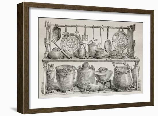 Old Illustration Of Bronze Pottery And Kitchen Utensils Found In Pompeii-marzolino-Framed Art Print