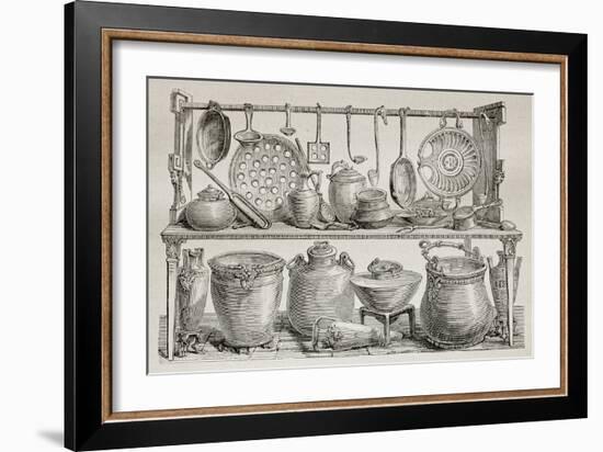 Old Illustration Of Bronze Pottery And Kitchen Utensils Found In Pompeii-marzolino-Framed Art Print