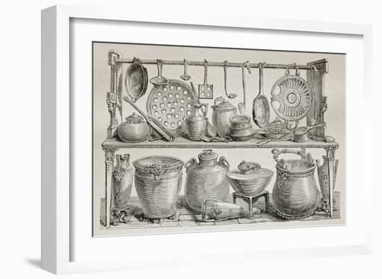 Old Illustration Of Bronze Pottery And Kitchen Utensils Found In Pompeii-marzolino-Framed Art Print