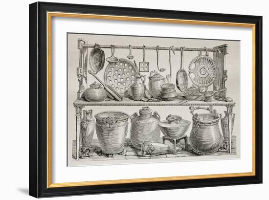 Old Illustration Of Bronze Pottery And Kitchen Utensils Found In Pompeii-marzolino-Framed Art Print