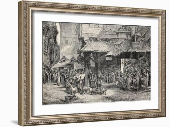 Old Illustration Of Butcher'S Shop In Frankfurt-marzolino-Framed Art Print