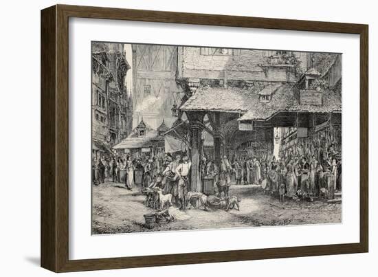 Old Illustration Of Butcher'S Shop In Frankfurt-marzolino-Framed Art Print
