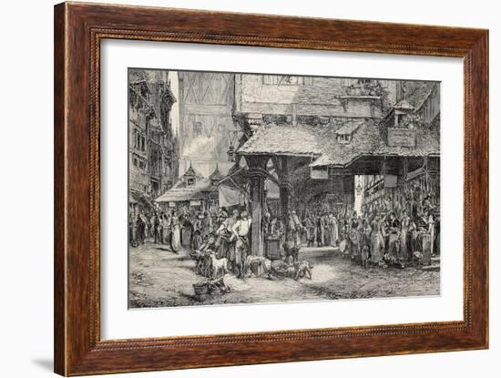 Old Illustration Of Butcher'S Shop In Frankfurt-marzolino-Framed Art Print