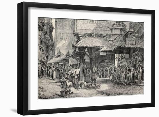 Old Illustration Of Butcher'S Shop In Frankfurt-marzolino-Framed Art Print